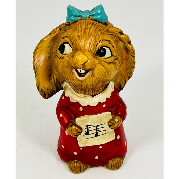 Ceramic Bunny Rabbit Girl W/Red Dress And Music Sheet Hand Painted Figurine - Picture 1 of 6